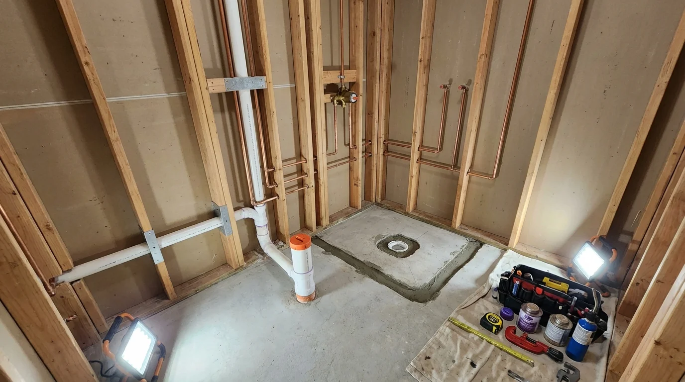 Bathroom rough-in plumbing during remodel by Johns Plumbing LLC in Hallowell