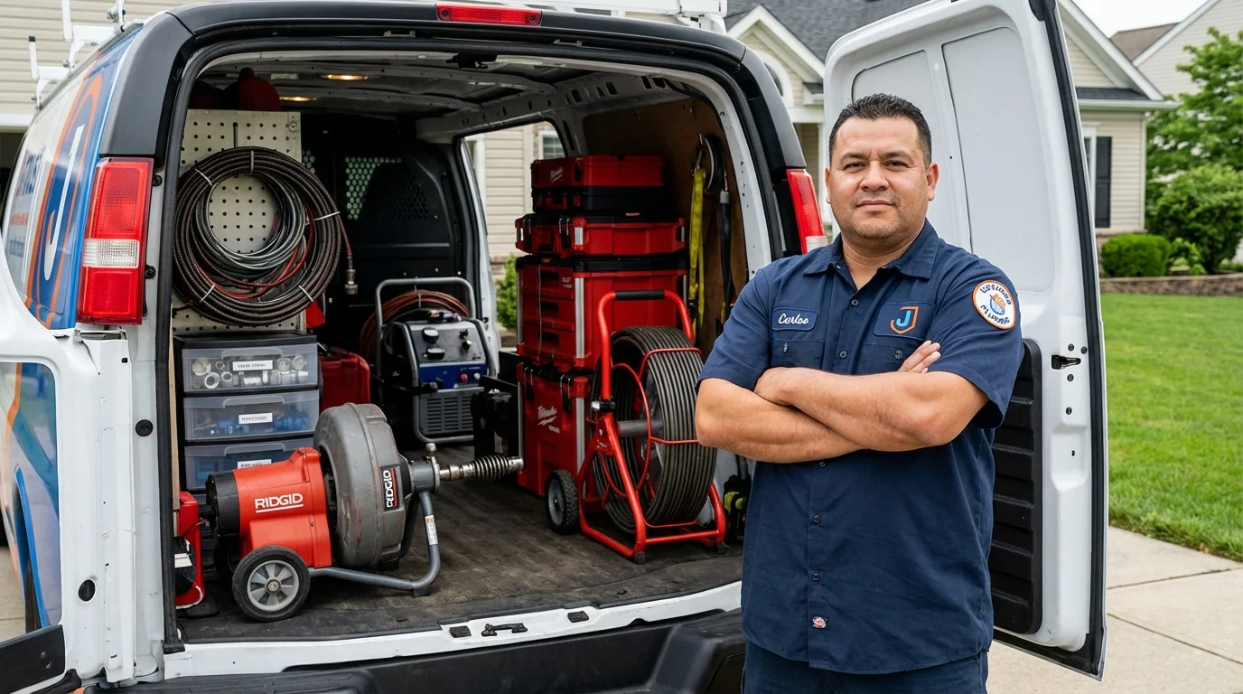 Professional drain cleaning equipment and Johns Plumbing LLC plumber in Hallowell