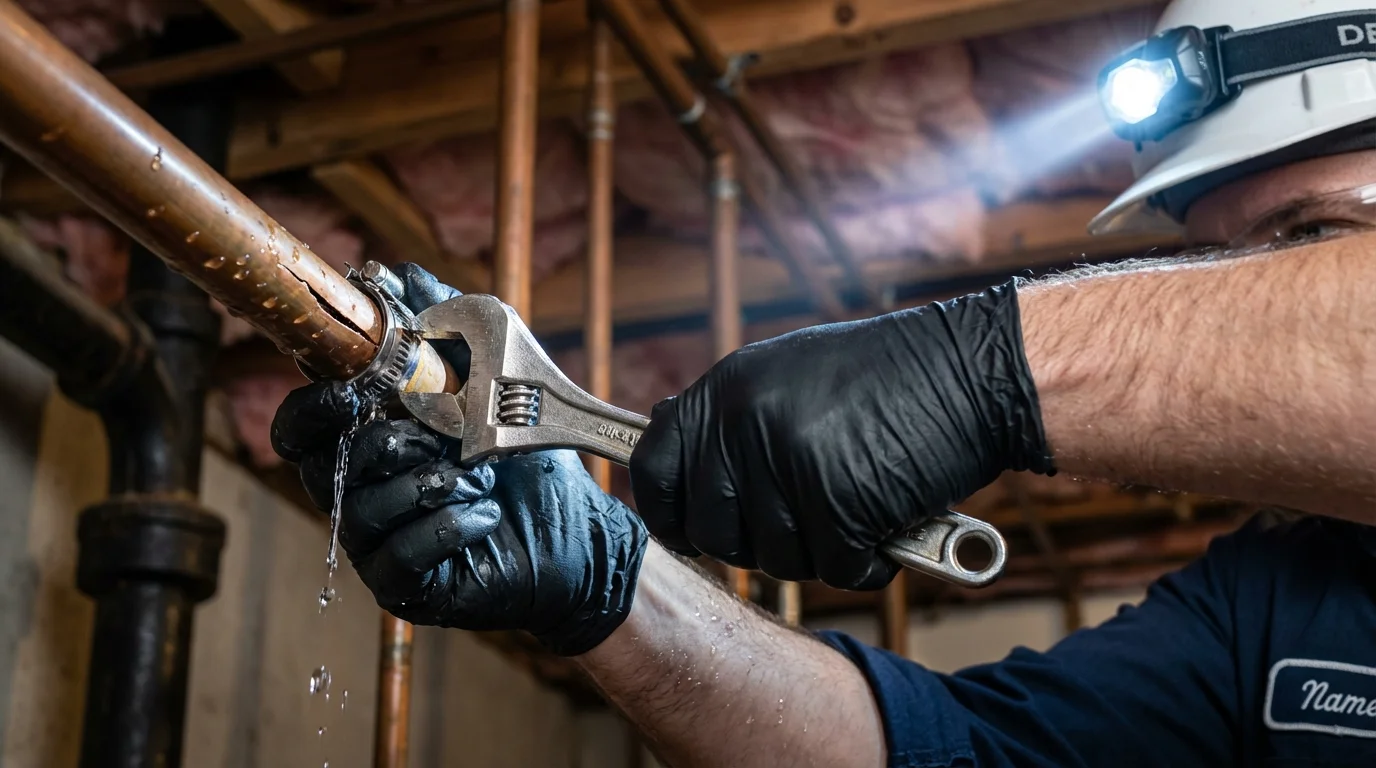 Emergency pipe clamp repair being performed by a Johns Plumbing LLC plumber in Hallowell
