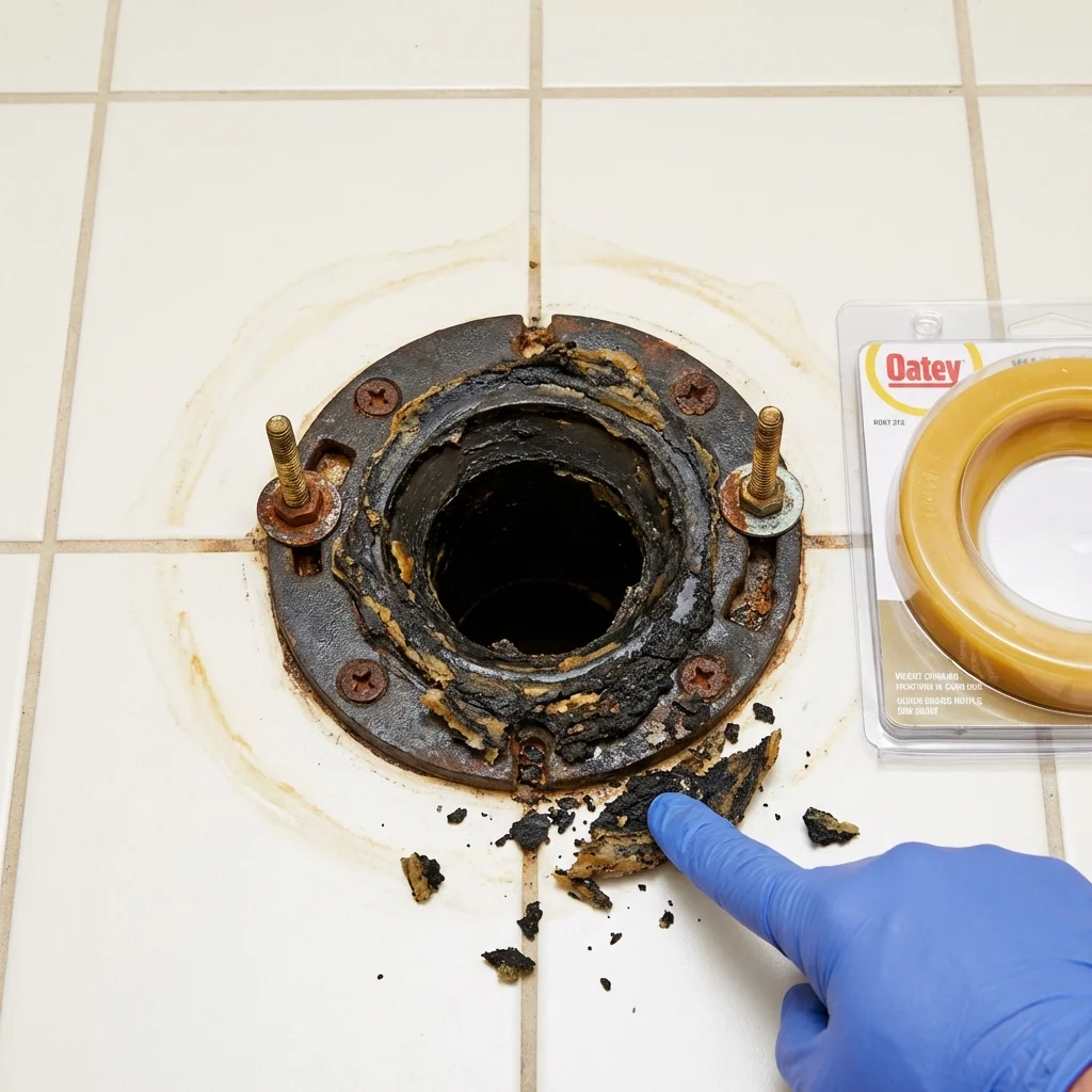 Failed wax ring showing water seepage at the base of a toilet in a Hallowell, ME home