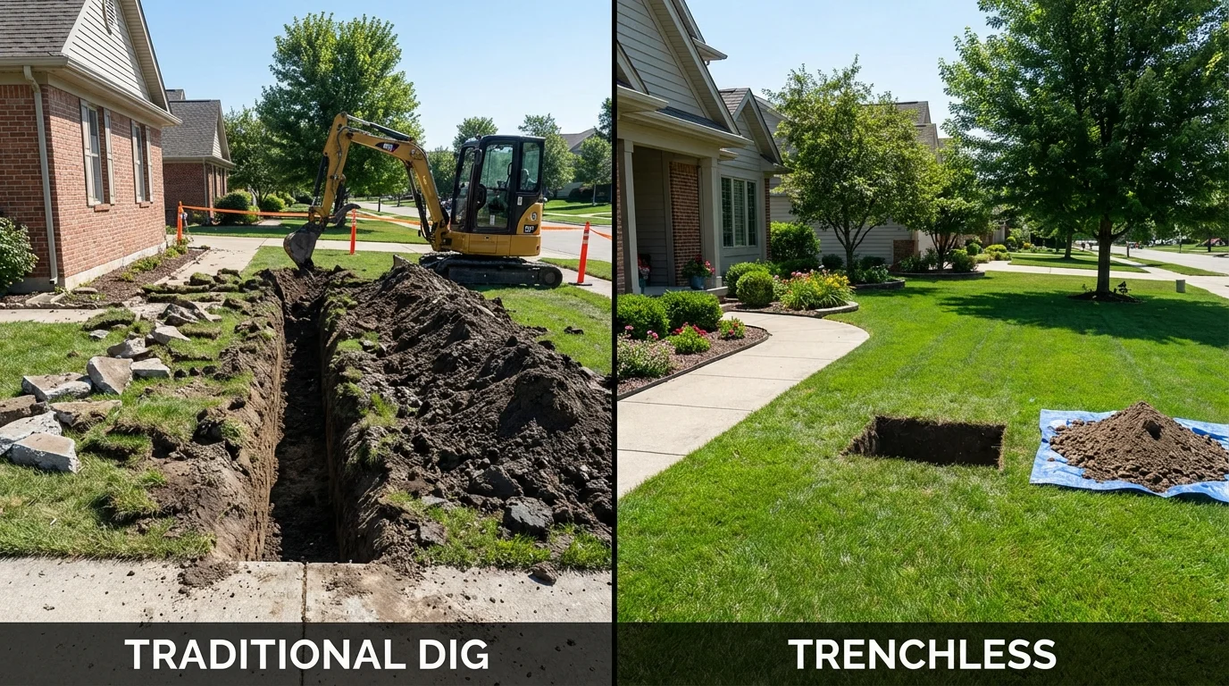Trenchless sewer repair with minimal yard damage versus traditional excavation in Hallowell, ME